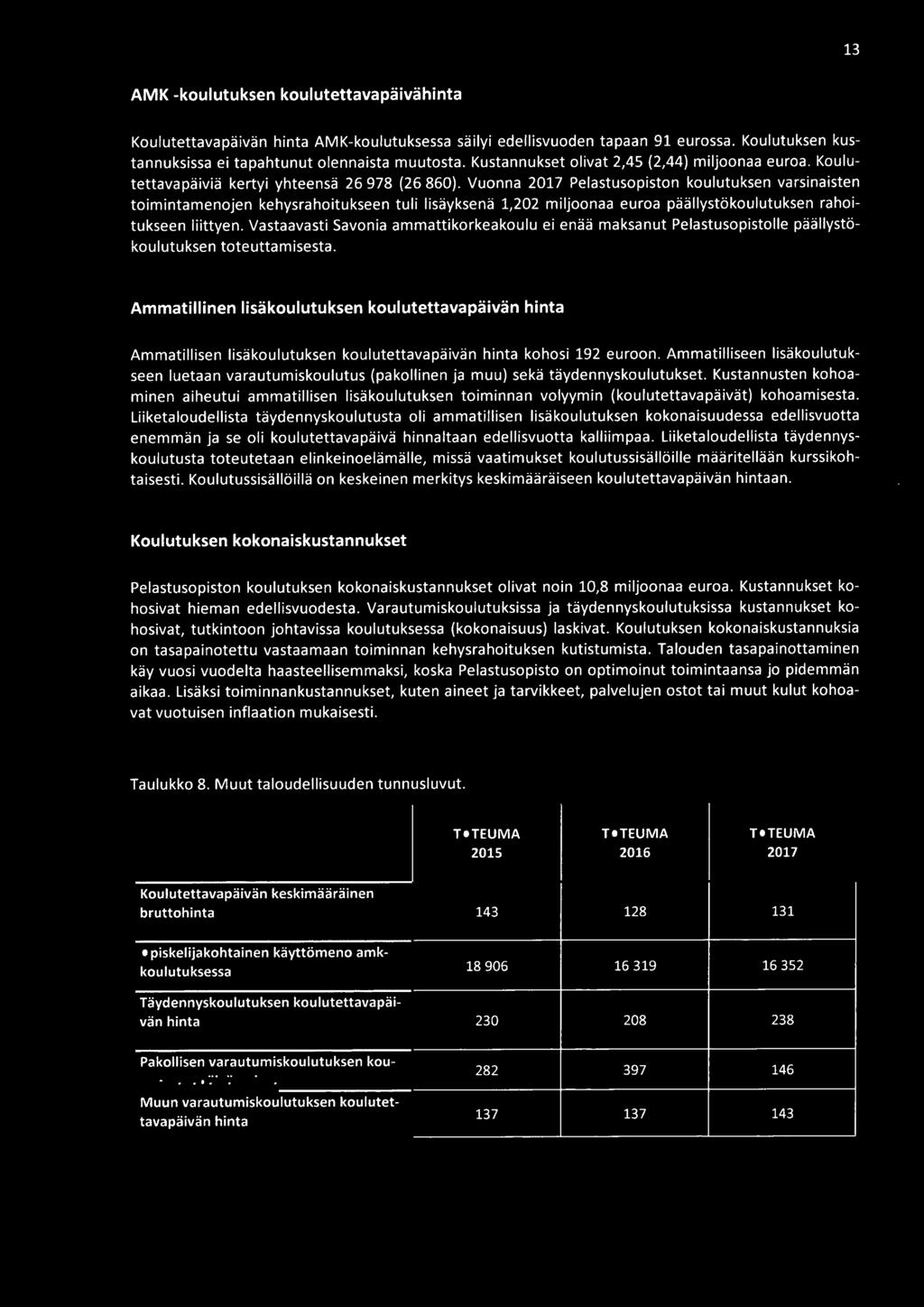 Vuonna 2017 Pelastusopiston koulutuksen varsinaisten toimintamenojen kehysrahoitukseen tuli lisäyksenä 1,202 miljoonaa euroa päällystökoulutuksen rahoitukseen liittyen.