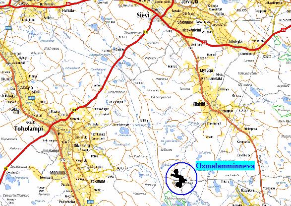 Vapo Oy 9M609182 Osmalamminnevan kalatalousselvitys 2009 2 TUTKIMUSALUE Osmalamminnevan tuotantoalue sijaitsee noin 20 km Sievin kirkonkylän taajamasta etelään (kuva 1). Kuva 1.