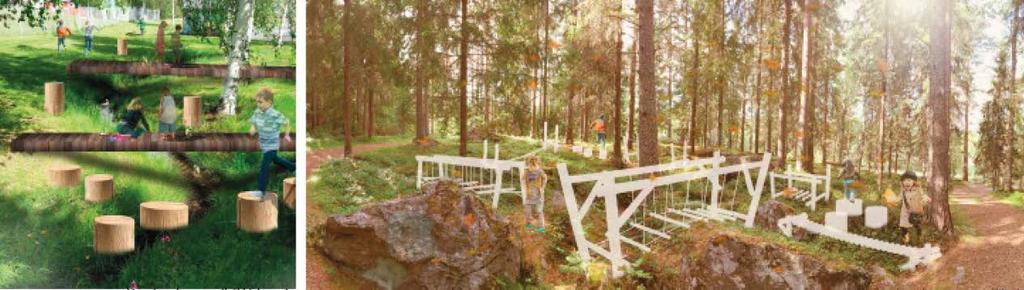 14 Meidän metsämme Metsäalueelle on sijoiteltu hyviä ideoita ja sitä on käytetty hienosti toimintojen kannalta. Grillipaviljonki keskellä aluetta voisi olla toimiva ratkaisu.