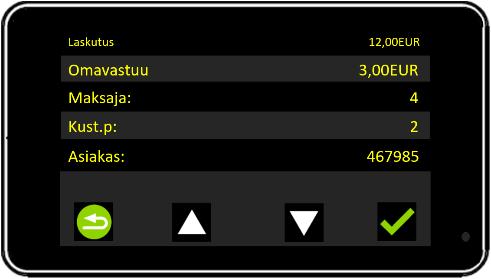 Taksimittarin numeronäppäimistö avautuu matkustajien lukumäärän valintaan. Syötä matkustajien lukumäärä ja vahvista toiminto painikkeella tai ohita toiminto painikkeella.