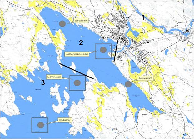 Savo-Karjalan Ympäristötutkimus Oy 9 Kartta 4. Koekalastus- ja havaskoealueiden sijainti sekä kalastustiedustelun osaaluejako numeroilla 3.