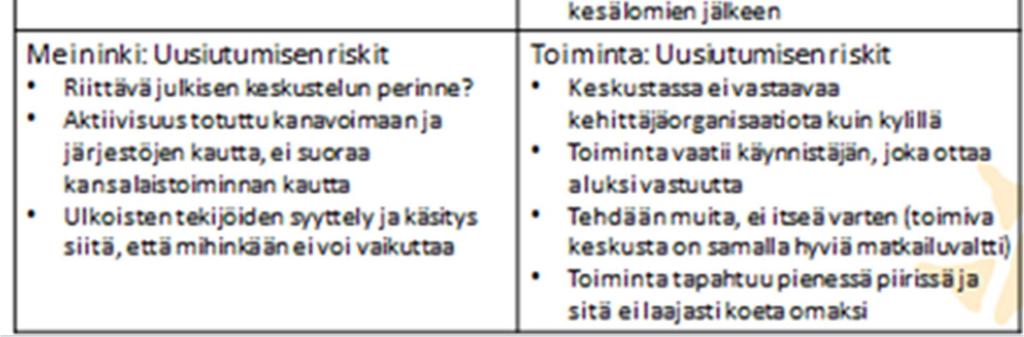 Yksilöityjen uusiutumistoimenpiteiden lisäksi tehtiin eräänlainen riskianalyysi siitä, mitkä ovat uusiutumisen vahvuuksia ja mitkä taas toisaalta riskejä Rantasalmella.