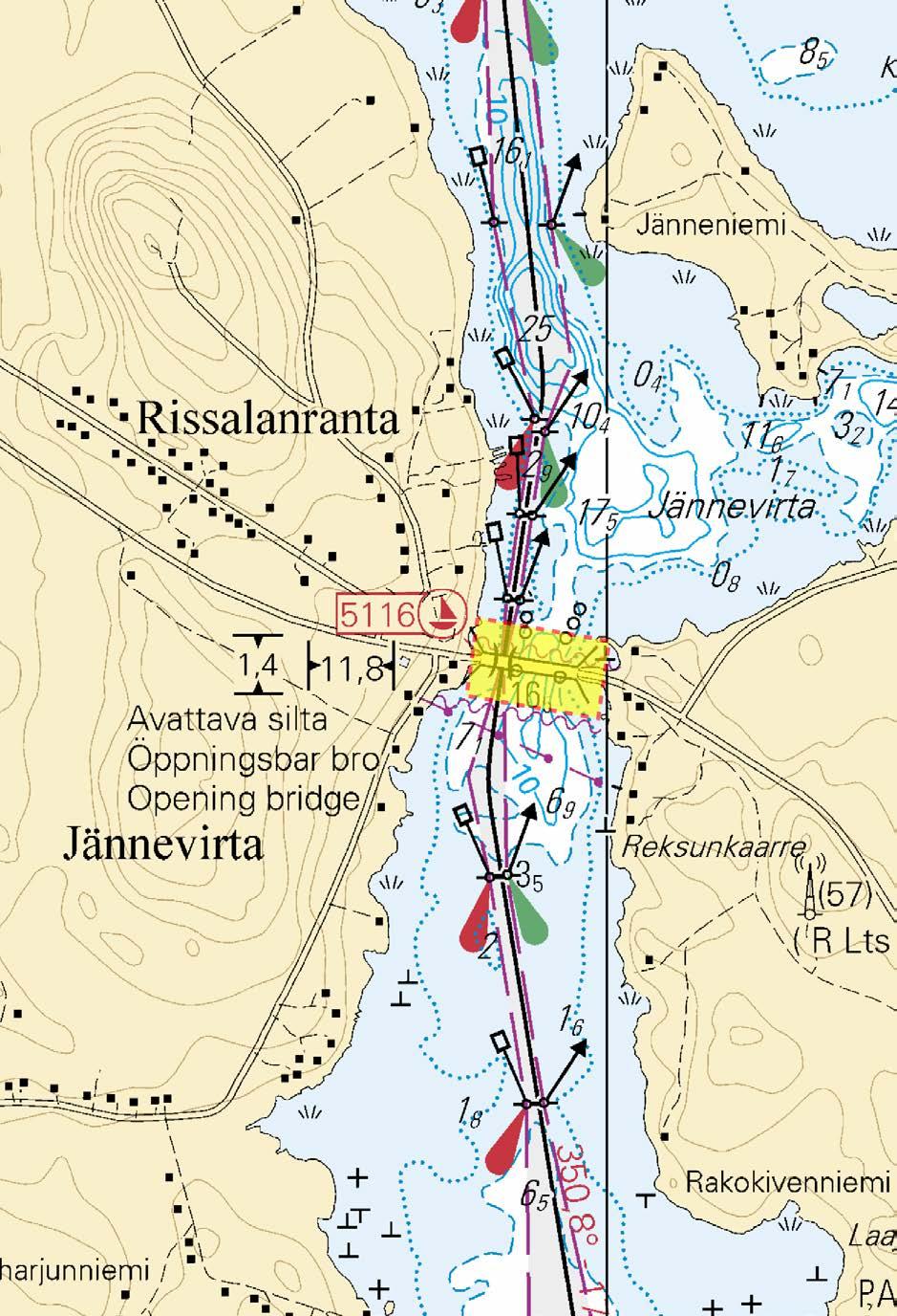 Byggnadsarbete pågår på Jännevirtabron. Arbetet väntas bli färdigt före slutet av år 2017. Fartyg som rör sig i området uppmanas till särskild försiktighet.
