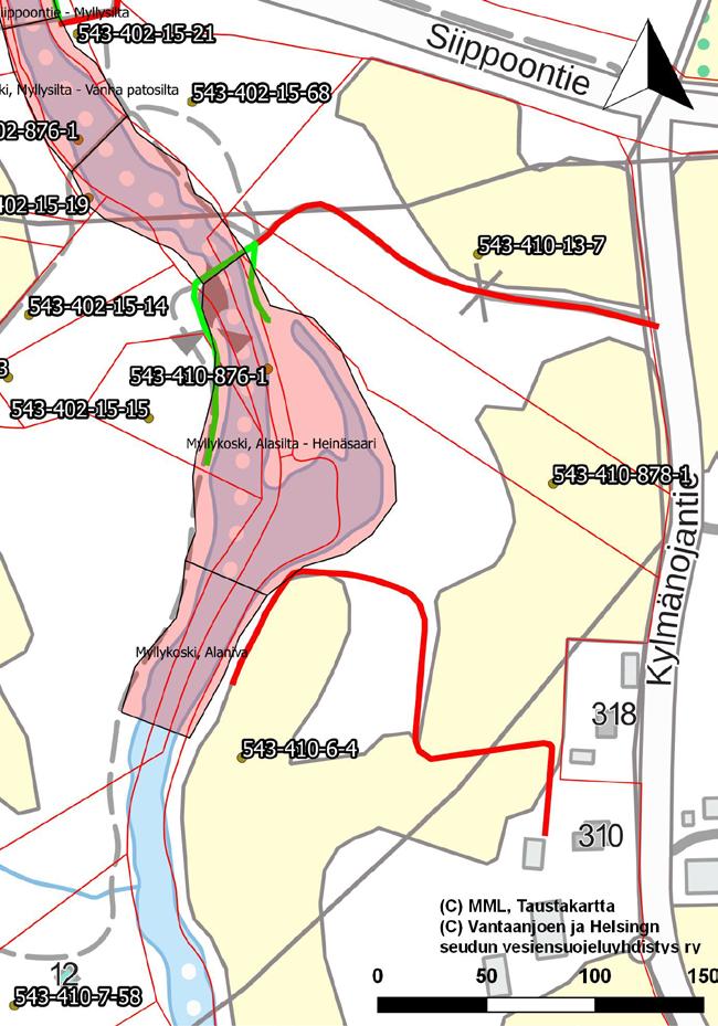 Kuva 95. Myllykosken alaosien kunnostettavat alueet ovat vaihtelevasti saavutettavissa. Sillan lähellä pääsee traktorilla (punainen viiva) idästä Kylmänojantieltä.