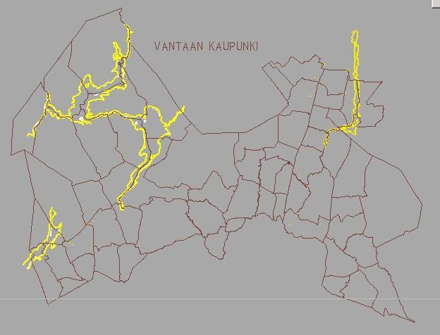 Vantaan suurtulva vuonna 1966 Tulva-alue (keltainen) Alue peittyy veden alle tulvan