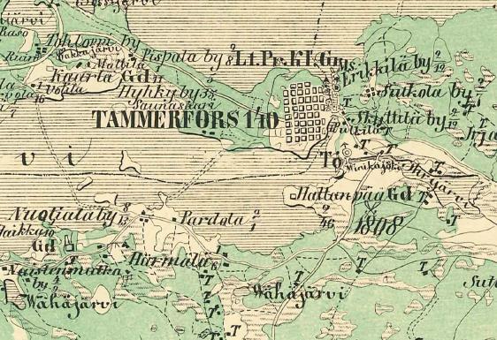Kartassa vuodelta 1855 näkyy talvitie joka aikanaan kulki Tampereelta
