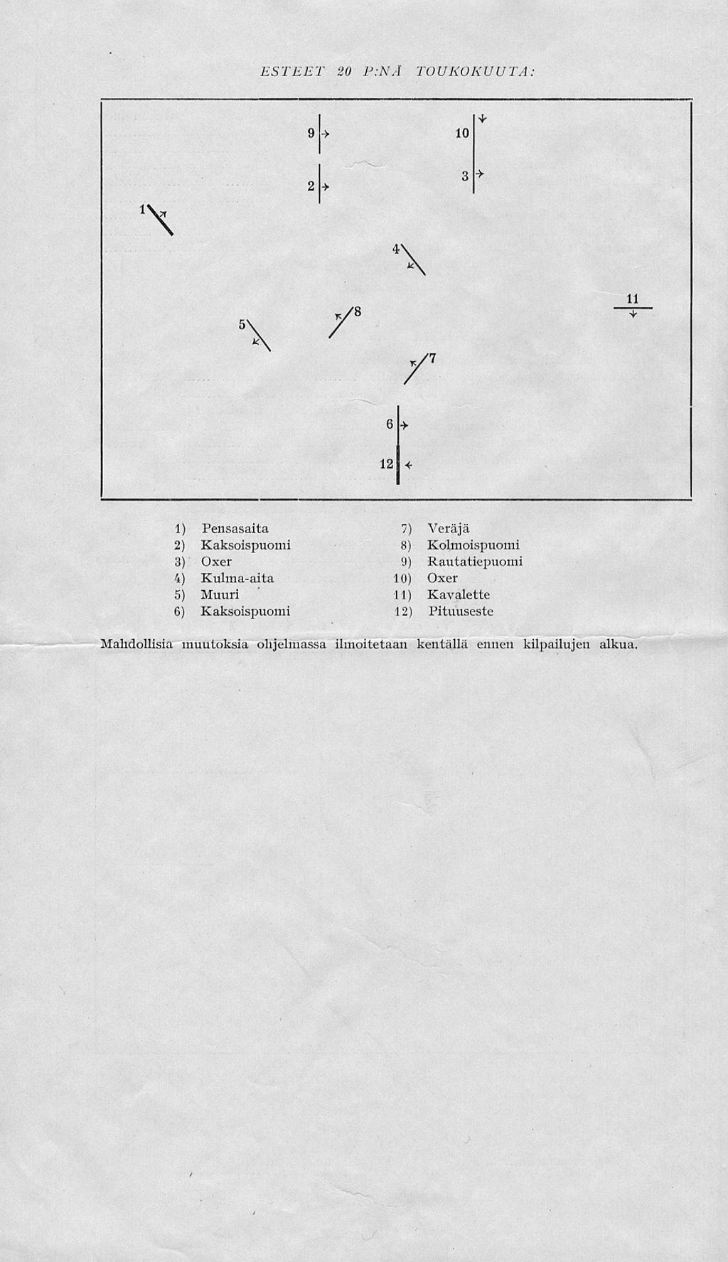 ESTEET 20 P:NÄ TOUKOKUUTA: 1) Pensasaita 7) Veräjä 2) Kaksoispuomi 8) Kolmoispuomi 3) Oxer 9) Rautatiepuomi 4) Kulma-aita 10) Oxer