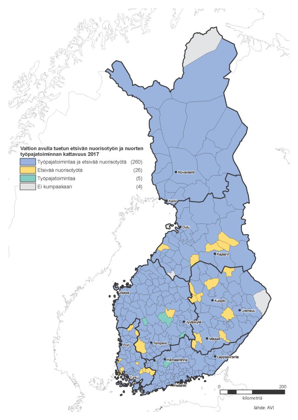 24.4.2018 Valtionavustuksella tuetun etsivän nuorisotyön ja nuorten työpajatoiminnan kattavuus 2017 sininen: työpajatoimintaa ja etsivää