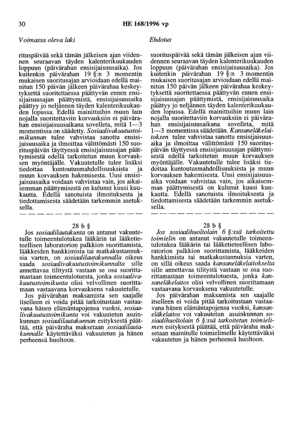 30 HE 168/1996 vp rituspäivää sekä tämän jälkeisen ajan viidennen seuraavan täyden kalenterikuukauden loppuun (päivärahan ensisijaisuusaika).