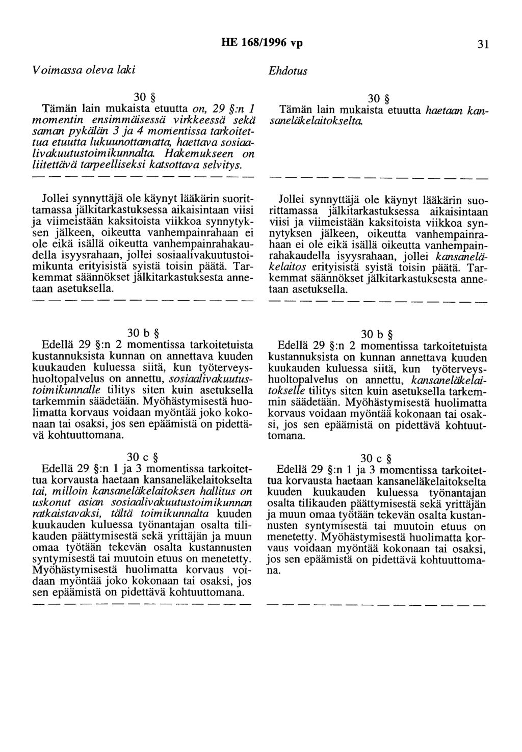 HE 168/1996 vp 31 30 Tämän lain mukaista etuutta on, 29 :n 1 momentin ensimmäisessä virkkeessä sekä saman pykälän 3 ja 4 momentissa tarkoitettua etuutta lukuunottamatta, haettava