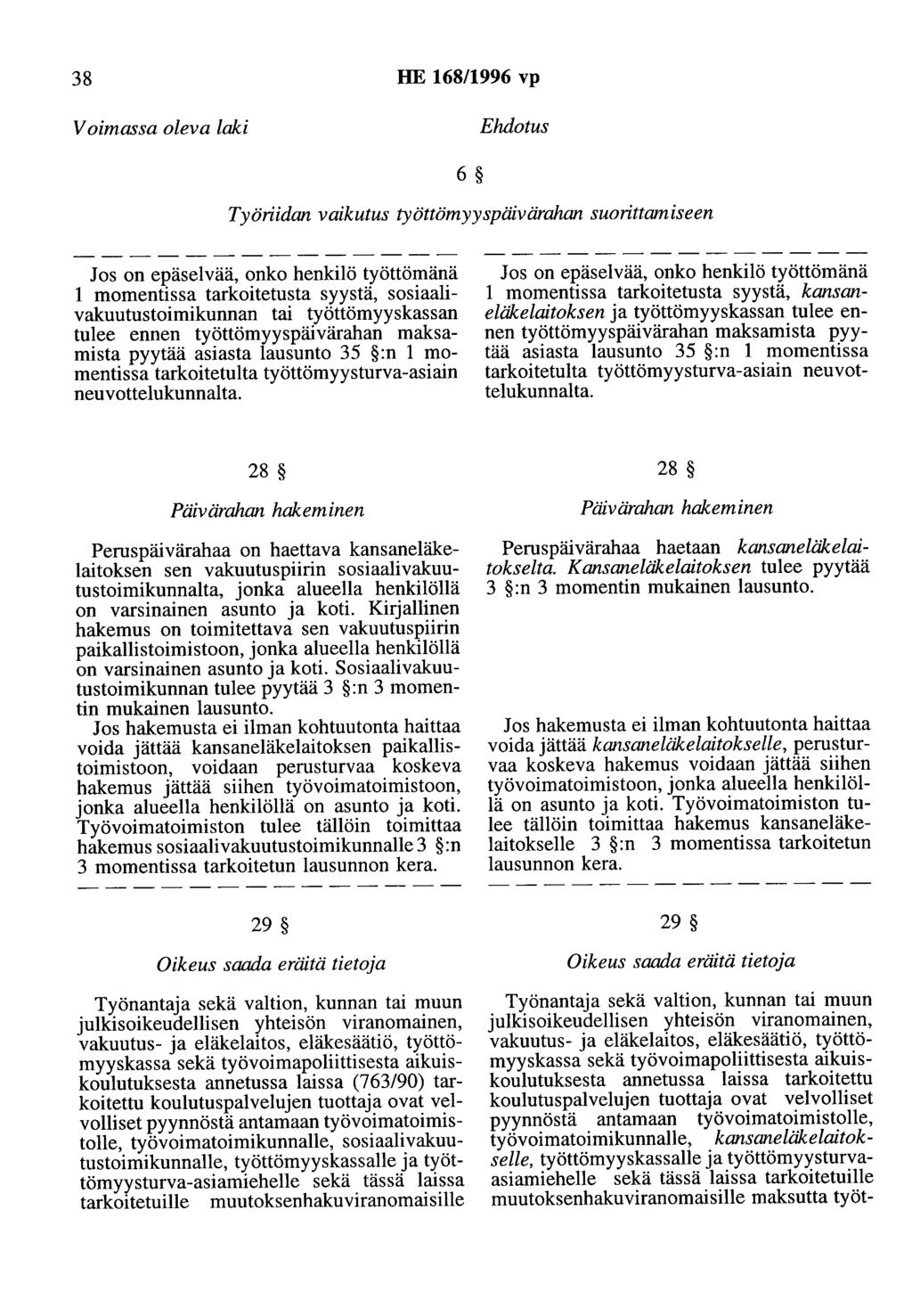 38 HE 168/1996 vp 6 Työriidan vaikutus työttömyyspäivärahan suorittamiseen Jos on epäselvää, onko henkilö työttömänä 1 momentissa tarkoitetusta syystä, sosiaalivakuutustoimikunnan tai