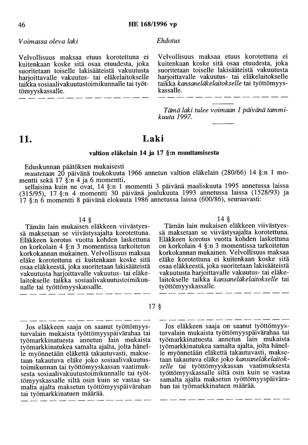 46 HE 168/1996 vp Velvollisuus maksaa etuus korotettuna ei kuitenkaan koske sitä osaa etuudesta, joka suoritetaan toiselle lakisääteistä vakuutusta harjoittavalle vakuutus- tai eläkelaitokselle