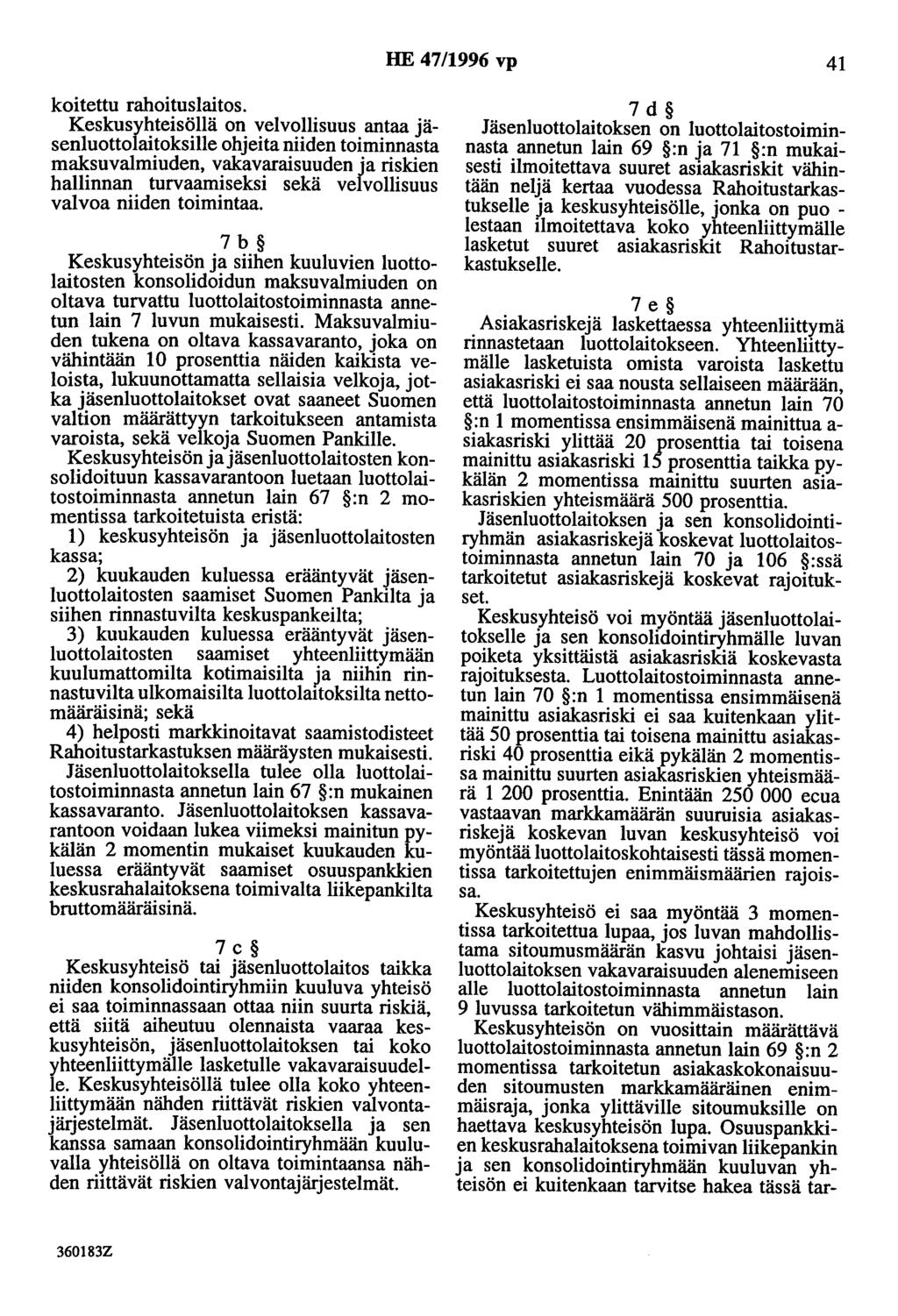 HE 4711996 vp 41 koitettu rahoituslaitos.