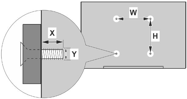 מ( ر A B C D Hole Pattern Sizes (mm) Length (X) VESA WALL MOUNT MEASUREMENTS W H 400 400 Screw Sizes min. (mm) 10 max.