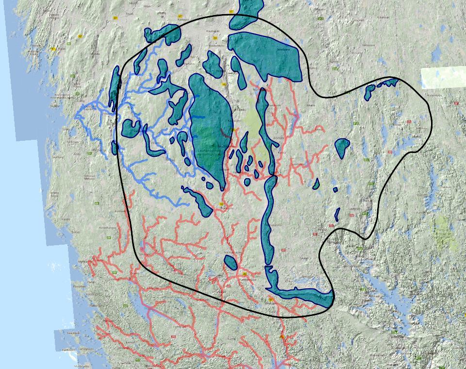 moreenimetrit huuhtoutuneet soraksi Muinaisia rantamuodostumia Lauhanvuorella. Korkein ranta merkitty nuolella.