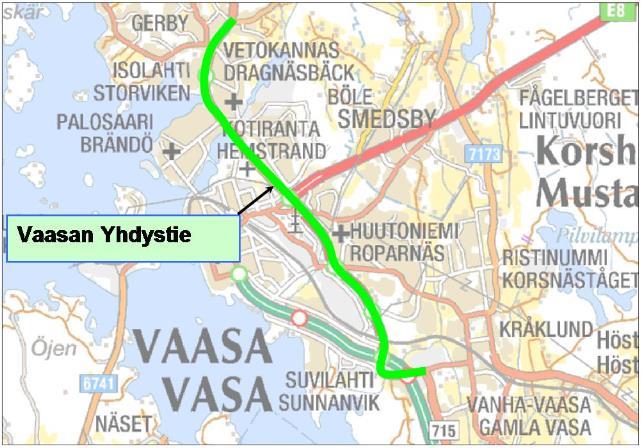 Kuva 24. Vaasan yhdystien kehittämishanke sijoitettuna kartalle. Noin 10 km etäisyydellä hankealueesta Laihian keskustassa on käynnissä Liikenneviraston toteuttama valtateiden parannushanke. 11 6.