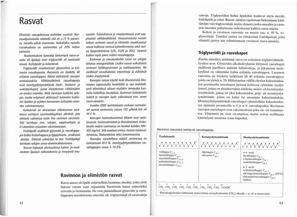 Rasvat Elimistön rasvapitoisuus vaihtelee suuresti. NormaalipainoiseJla miehellä sitä on n.15 % painosta, naisella vähän enemmän.