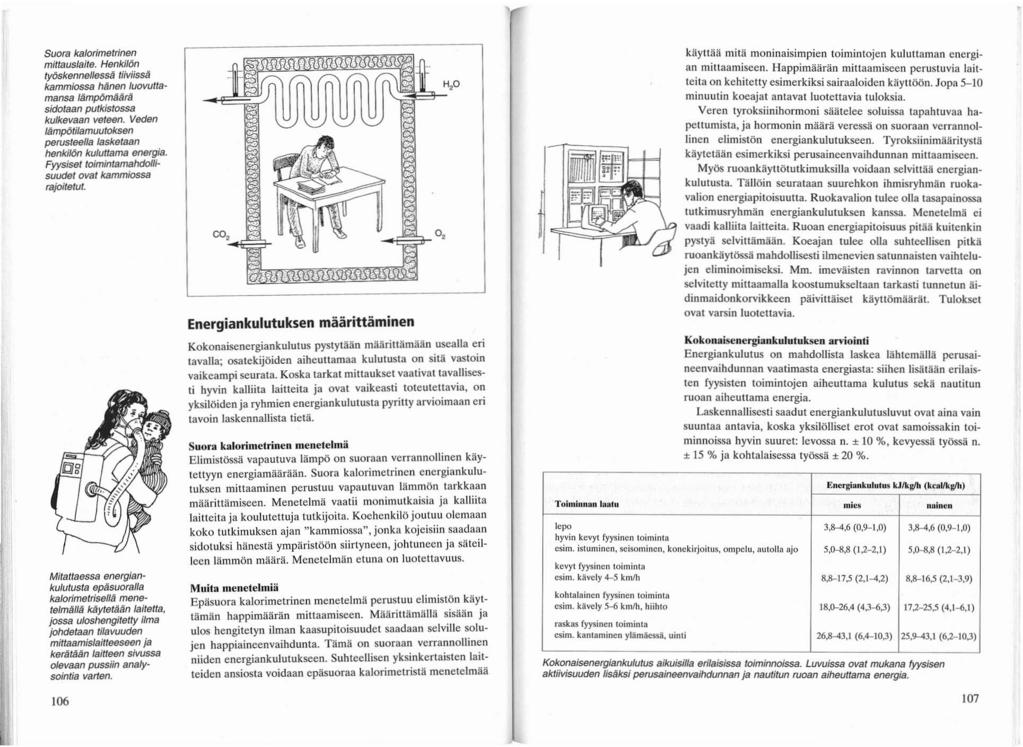 " Suora kalorimetrinen mittauslaite. Henkilön ty6skennellessä tiiviissä kammiossa hanan luovuuamansa lämp6mtm~ sidotaan putkistossa kulkevaan veteen.