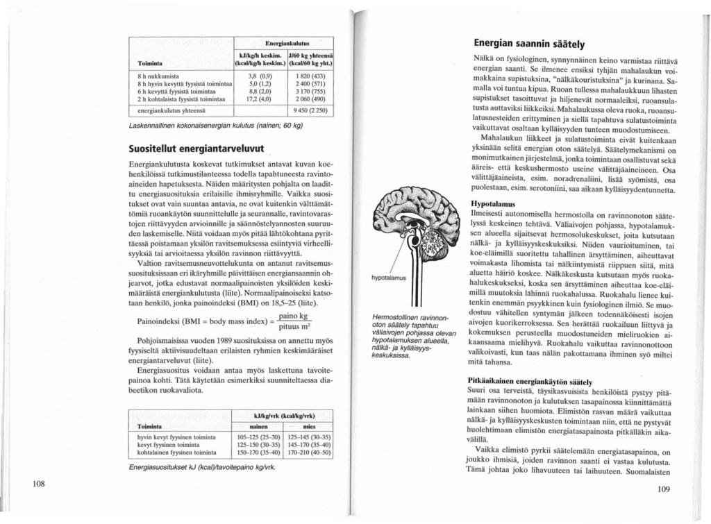 108 Toiminla ~ncrgillnkulutll~ kjlkglh keskim. JI60 kg yht~nsii (kcallkglh keuim.) (kcall6o kg yhl.) 8 h nukkumista 3.8 (0.9) 1820(433) 8 h hyvin kcvyllä fyysistä toimintaa 5,0 (1.