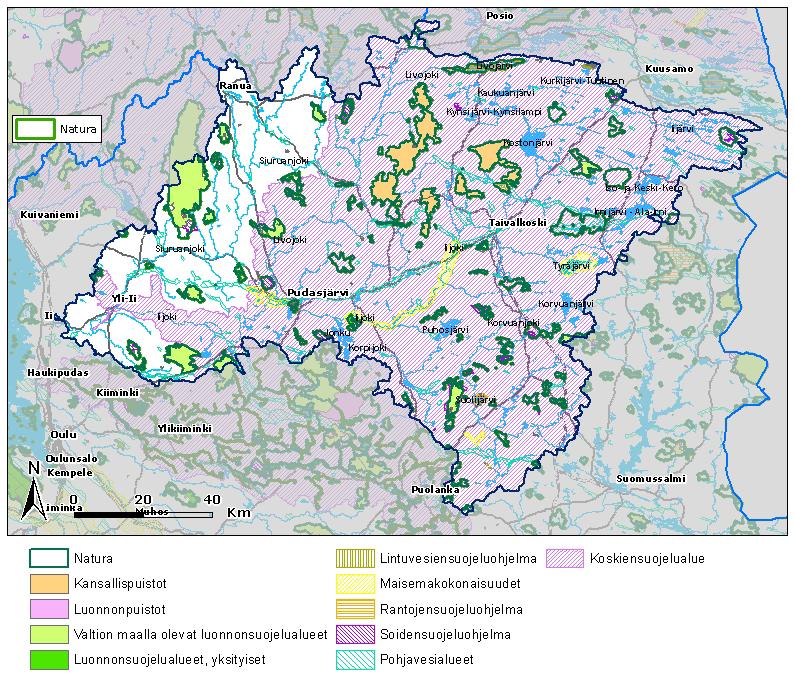 Kuva 3-4. Natura-alueet, kansallispuistot, luonnonsuojelualueet ja -ohjelmat sekä pohjavesialueet Iijoen vesistöalueella.