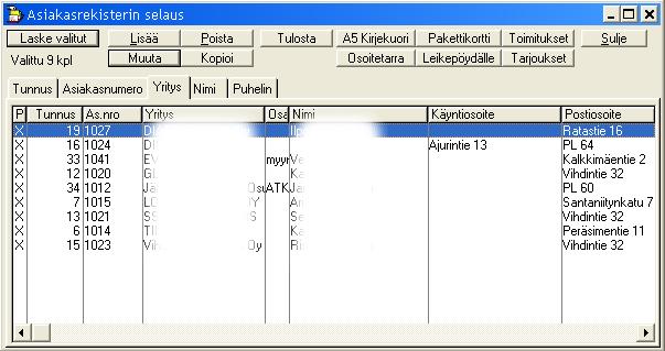 Kuten nähdään, tällä listalla kaikilla asiakkailla on vasemmassa P -sarakkeessa merkintä X, eli he ovat poimintalistalla valittuina. Muita asiakkaita ei tällä listalla näytetä.