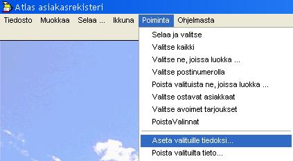 2 Poista valituista ne, joissa luokka Tämän valinnan avulla voidaan poimintalistalta poistaa ne asiakkaat, joilla on tietty luokka.