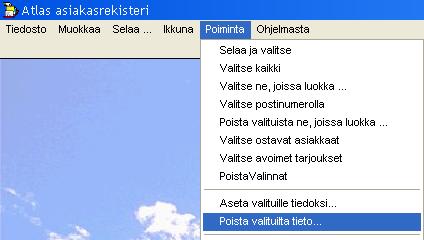 3.5.13.4 Poista valituilta tieto Tämän toiminnon avulla poimintalistalla valittuina olevilta asiakkailta voidaan poistaa joku poimintakoodi.