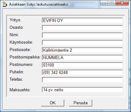 Huomautus: Asiakkaan perustietojen kopioinnissa laskutus/varasto-ohjelman rekisteriin asiakkaan tiedot säilyvät muuttumattomina ASR-ohjelman asiakasrekisterissä.