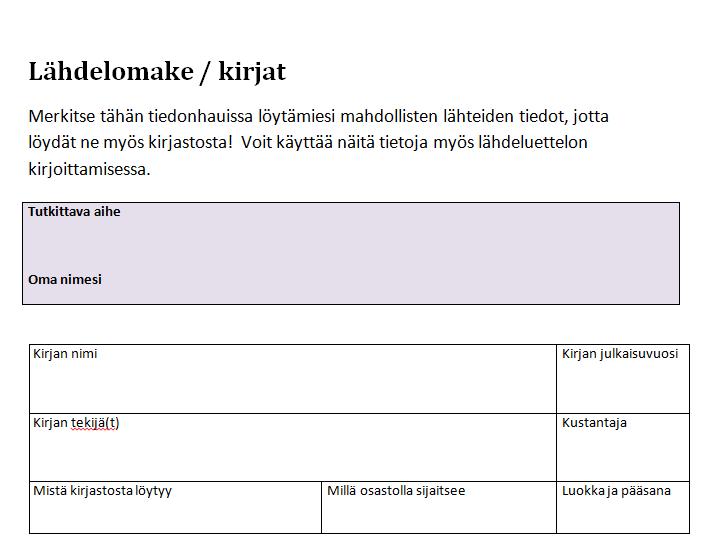 Työvälineenä lähdelomake kirjoille ja