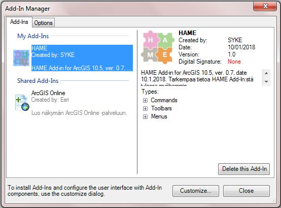 Manager 8. Add-Ins-välilehdellä näkyy HAME Add-In: 9.