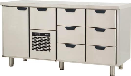 VLE 1214 Ulkomitat: (l) 1200 x (s) 650 x (k) 900 mm Sähköteho: 0,4 kw/230 V 1 kaappi ja 4 kpl laatikkoja, joiden kapasiteetti on 1/1-150 GN Muuten kuten yllä