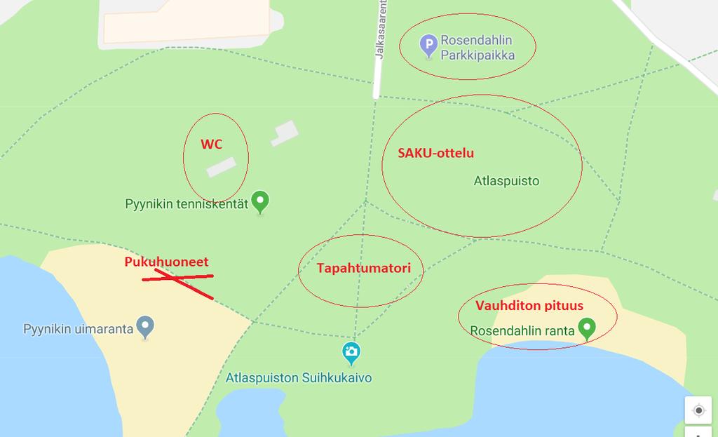SAKU-ottelu lta matkaa Atlaspuistoon on noin 1 km. Parkkipaikat löytyvät Jalkasaarentieltä aivan puiston vierestä. Pukuhuoneet/pukukopit löytyvät Pyynikin uimarannalta.