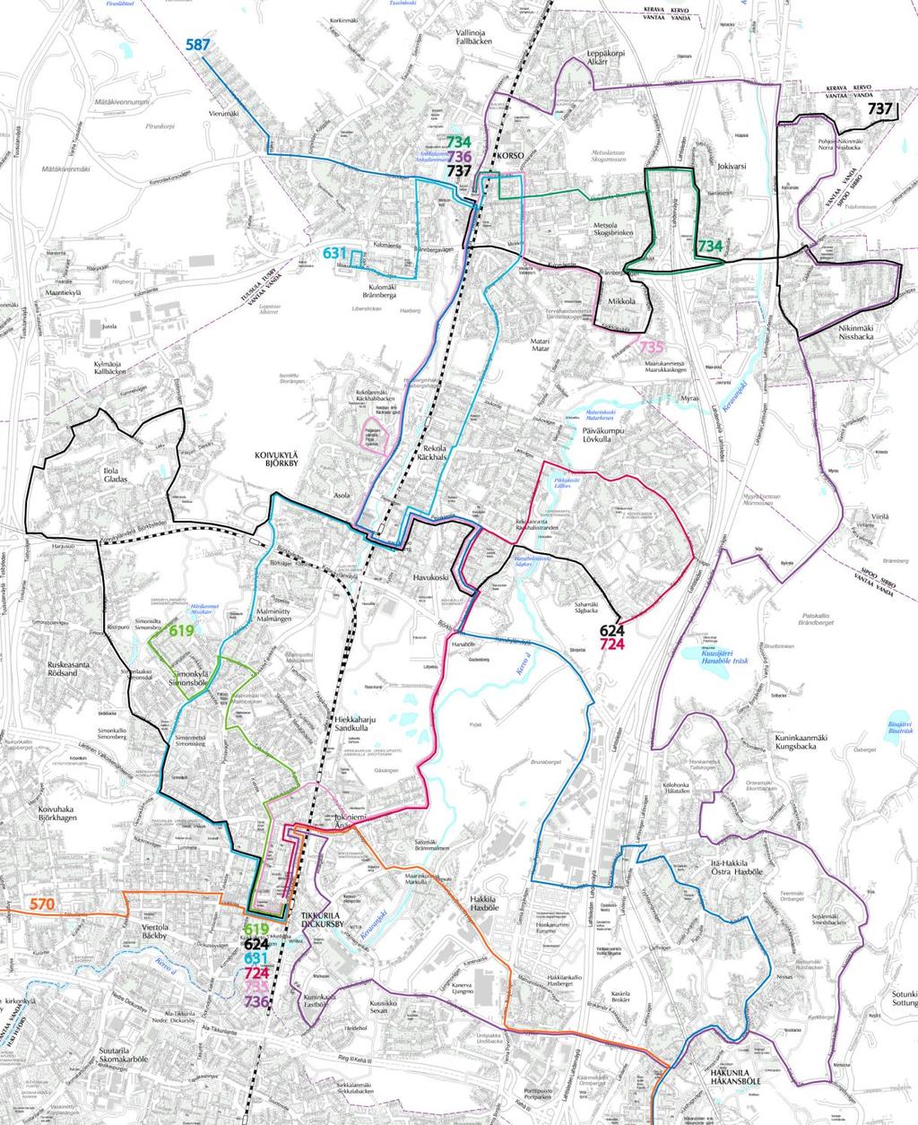 14 Kartta: suunnittelualueen sisäiset linjat Sisäiset linjat täydentävät ja tukevat seutulinjojen ja junan muodostamaa seudullista