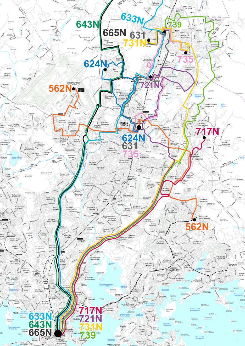 16 3.1 Yölinjat Työn aikana on myös suunniteltu yölinjasto. Yölinjasto on esitetty kuvassa ja yölinjojen vuorovälit taulukossa.