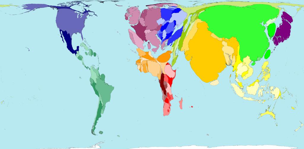 Suomi maailman väestökartalla - näkyy juuri ja juuri Väestön