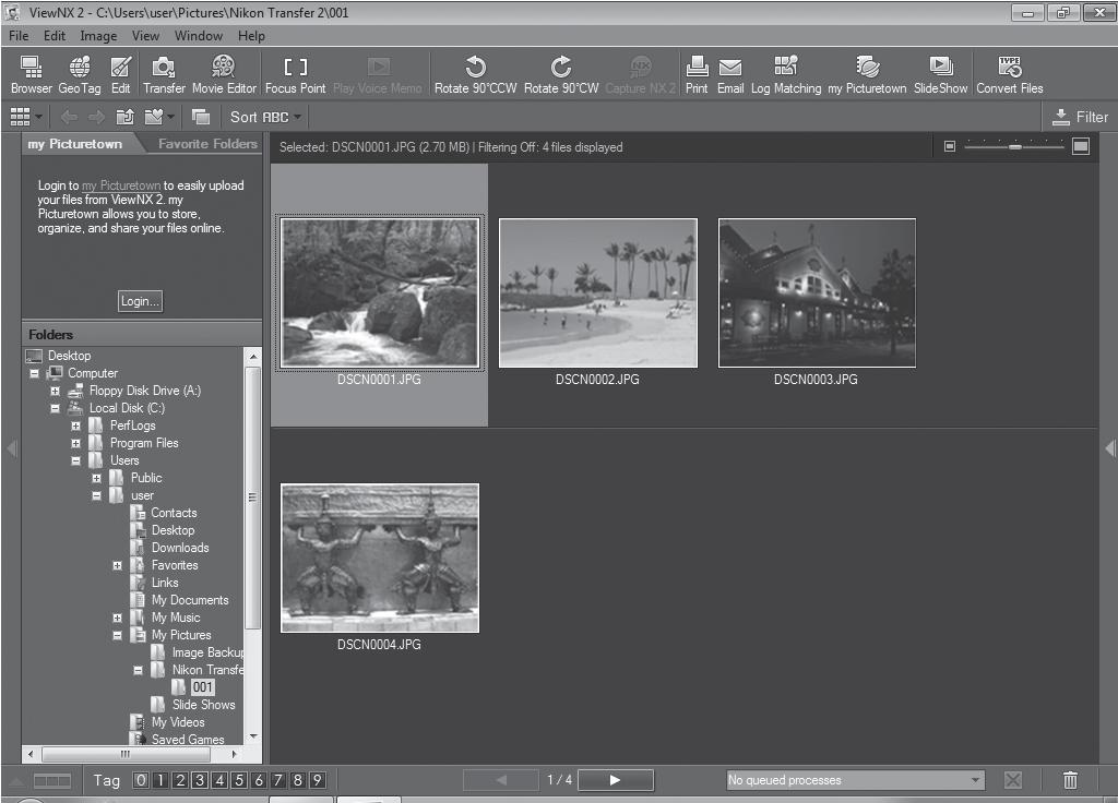 Kytkentä tietokoneeseen Kun siirto on valmis, ViewNX 2 -näyttö avautuu (ViewNX 2 -ohjelman oletusasetus) ja siirretyt kuvat tulevat näkyviin.