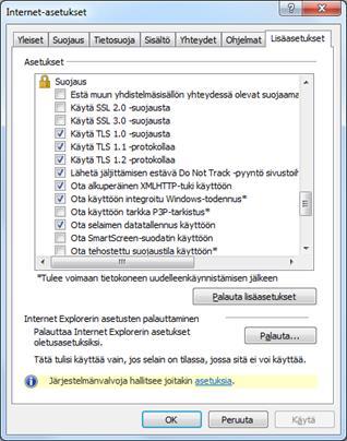 Käyttöohje 7 Selaimen tulee sallia TLS 1.0, 1.1 ja 1.2 salaukset (kuva 1). SSL 2 tai SSL 3 suojaukset eivät saa olla valittuna. Kuva 1 Internet-asetukset 2.2 Varmennekortti 2.