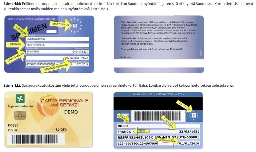 Eurooppalainen sairaanhoitokortti (EHIC) Eurooppalainen sairaanhoitokortti voi olla liitetty kansallisen sairausvakuutuskortin kääntöpuolelle tai julkaistu erillisenä korttina.