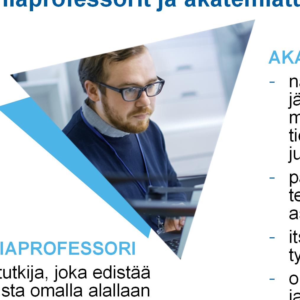Akatemiaprofessorit ja akatemiatutkijat AKATEMIAPROFESSORI - huippututkija, joka edistää tutkimusta omalla alallaan - johtaa tutkimusryhmäänsä - ohjaa nuoria tutkijoita sekä antaa tutkimustyöhön