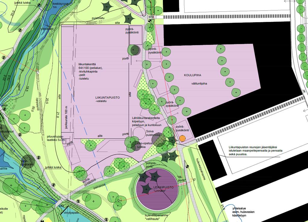 15 Kuvassa on esitetty ote puistosuunnitelman valmisteluaineistosta. Puistosuunnitelmassa koulupihan yhteyteen puiston puolelle osoitetaan liikuntapuisto.