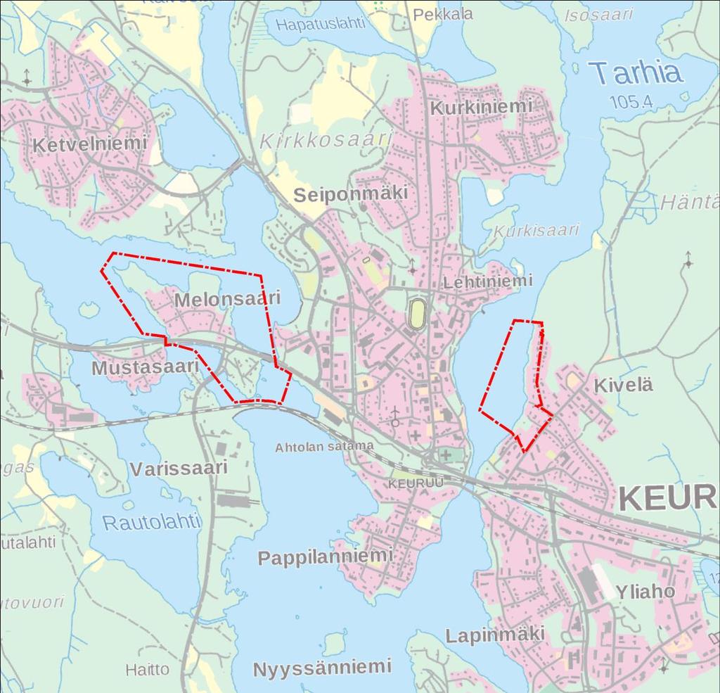 1.2 K aav a- alueen sijainti Kuva 1 Suunnittelualueen rajaus Suunnittelualue koostuu kahdesta osasta, jotka sijaitsevat Melonsaaressa ja Kivelässä.