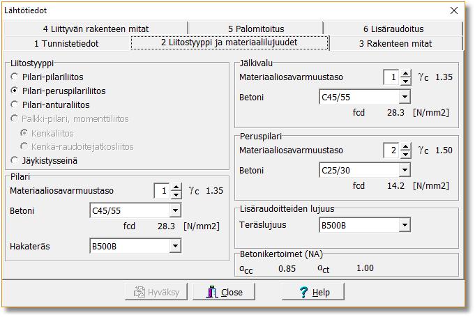 20 5.3.2 Liitostyypin valinta ja materiaalit Liitoksen rakenne ja materiaalit annetaan kuvan 11 Lähtötiedot ikkunassa, joka sisältää 6 alaikkunaa.