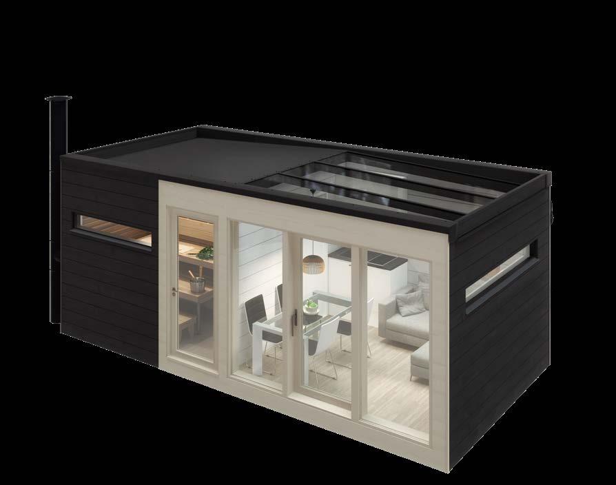 It includes a mini kitchen and wood