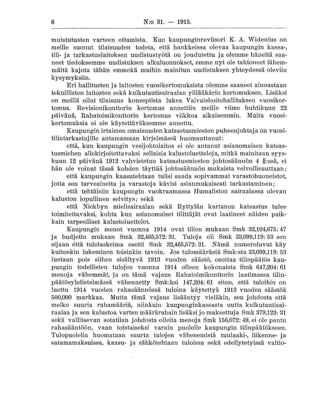 6 N:o 81. 1915. muistutusten varteen ottamista. Kun kaupunginreviisori K. A.