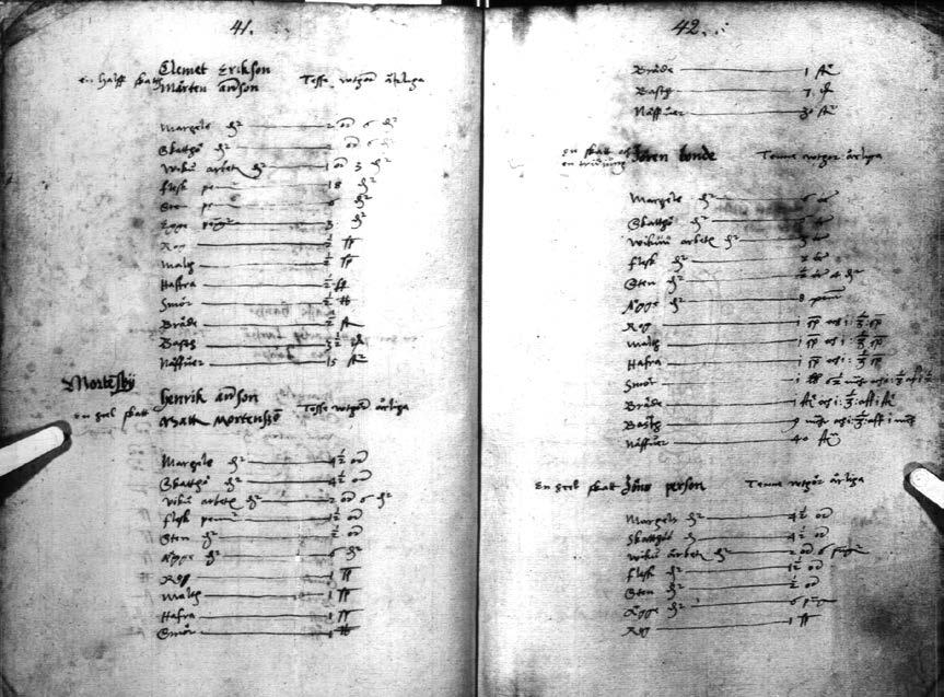 Kuva 7. Mårtensbyn tilat merkittynä isäntien mukaan Porvoon läänin maakirjaan vuodelta 1540 (KA 2920). Kansallisarkisto. sesti.