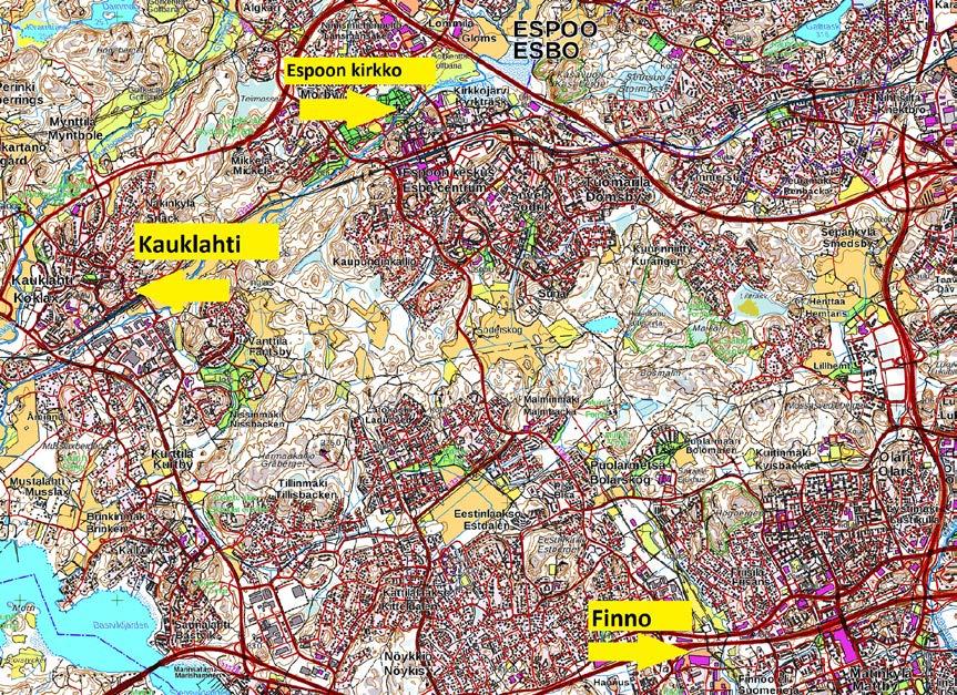 Kartta 2. Espoon Finnon ja Kauklahden kohteiden sekä Espoon keskiaikaisen kivikirkon sijainti. Pohjakartta: Maanmittauslaitos, peruskartta-aineisto 01/2017. Merkinnät: Anna-Maria Salonen.