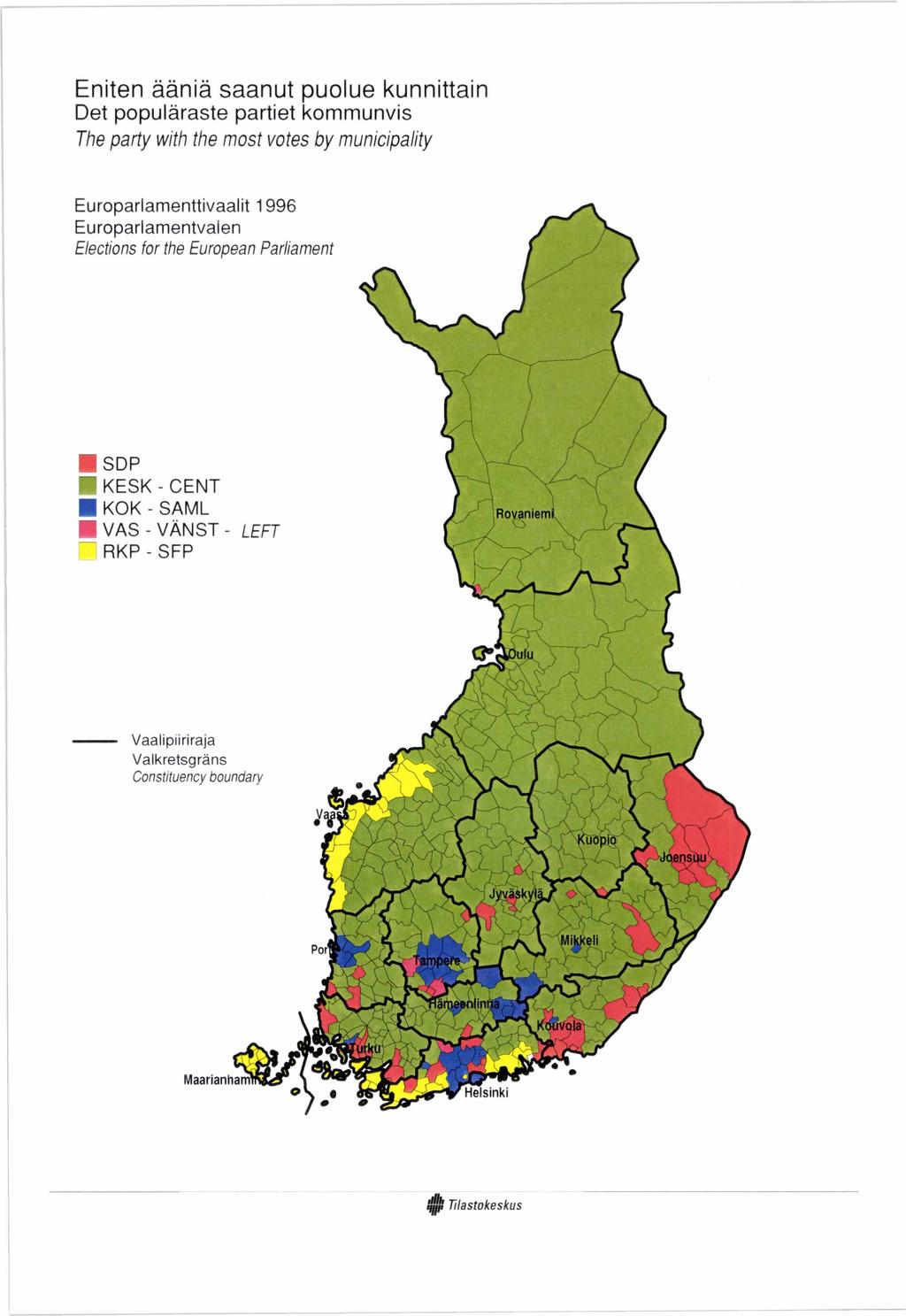 Eniten ääniä saanut puolue kunnittain Det populäraste partiet