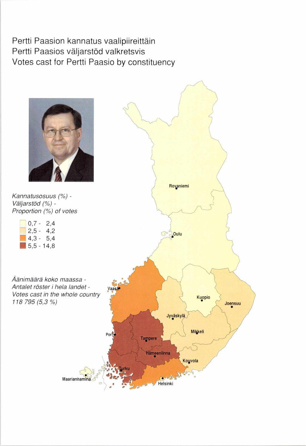 Pertti Paasion kannatus vaalipiireittäin Pertti Paasios