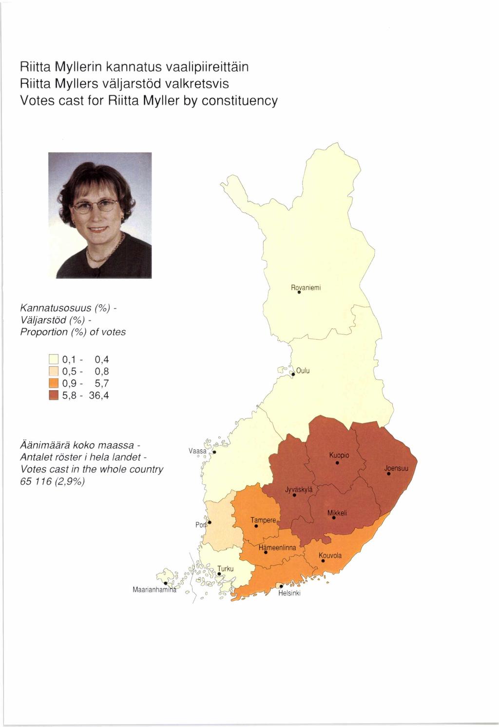 Riitta Myllerin kannatus vaalipiireittäin Riitta Myllers