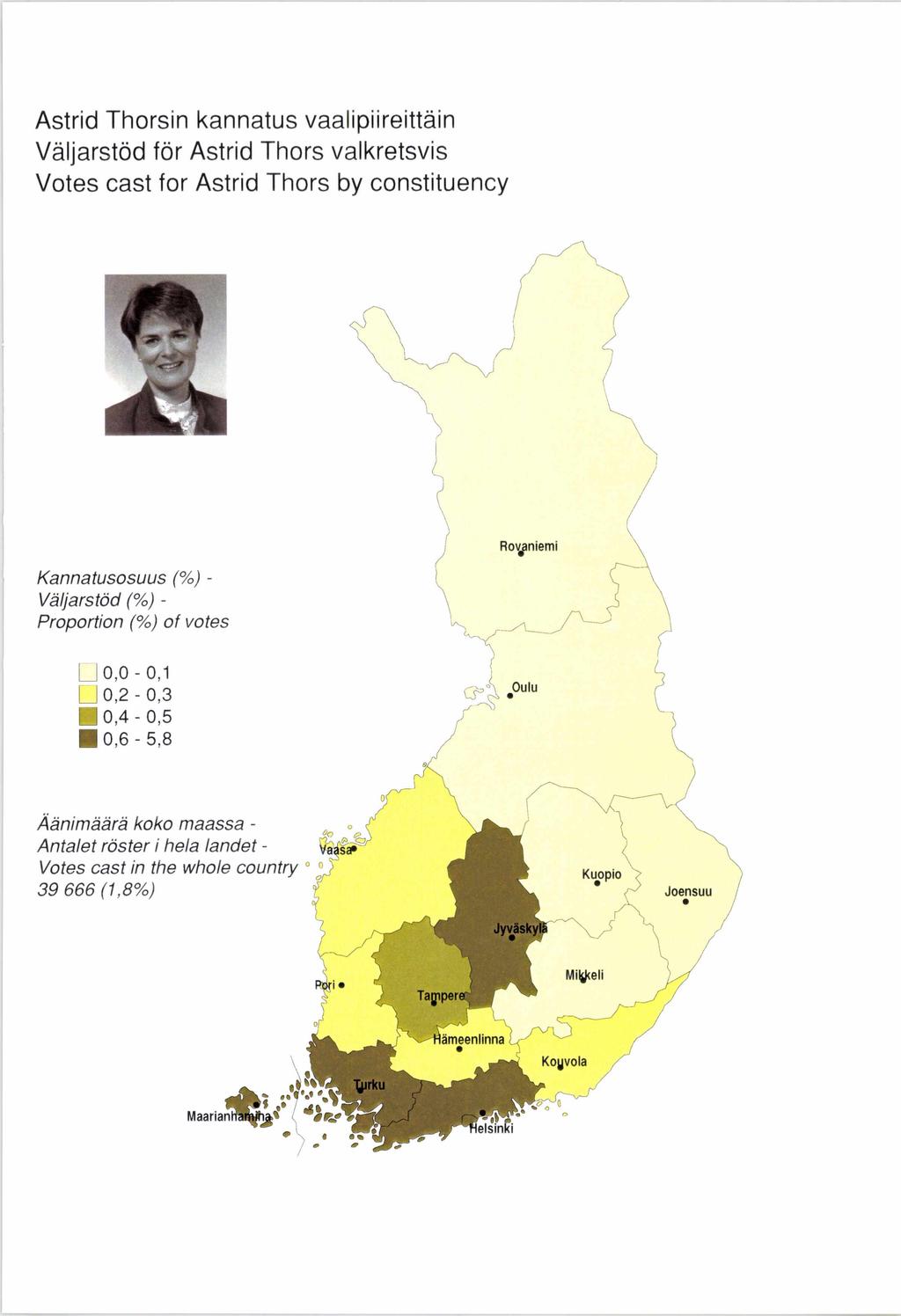 Astrid Thorsin kannatus vaalipiireittäin Väljarstöd för